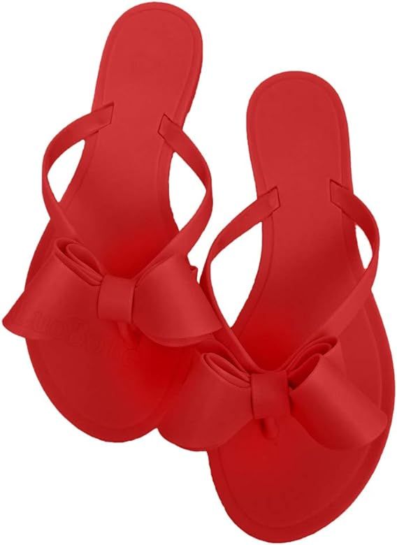 Womens Flip Flops Bow Jelly Thong Sandal Rubber Flat Summer Beach Rain Shoes | Amazon (US)