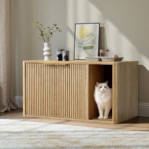 Evermagin 35.4" Oak Cat Litter Box Enclosure Furniture with Cat Scratch Pad, Large Hidden Litter Box Cabinet, Front Entry Can Install Left/Right, Mid Century Modern Kitty End Table, Kitty Bench | Amazon (US)