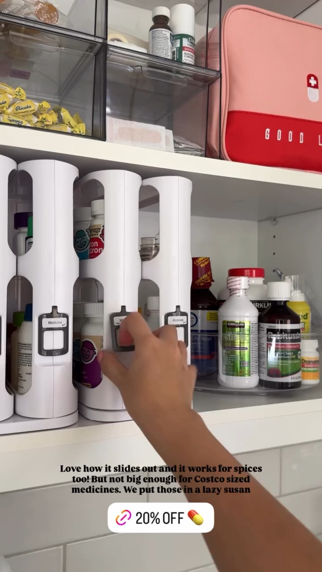 Love how it slides out and it works for spices too! But not big enough for Costco sized medicines. We put those in a lazy susan. Currently at 20% off 