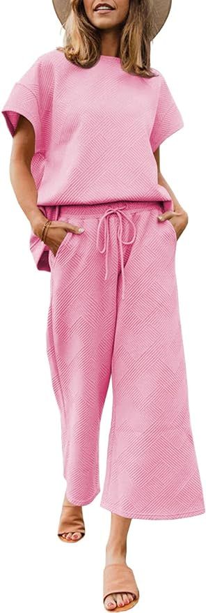 Fazortev Womens 2 Piece Outfits Short Sleeve Tops and Drawstring Waist Cropped Pants Loungewear | Amazon (US)