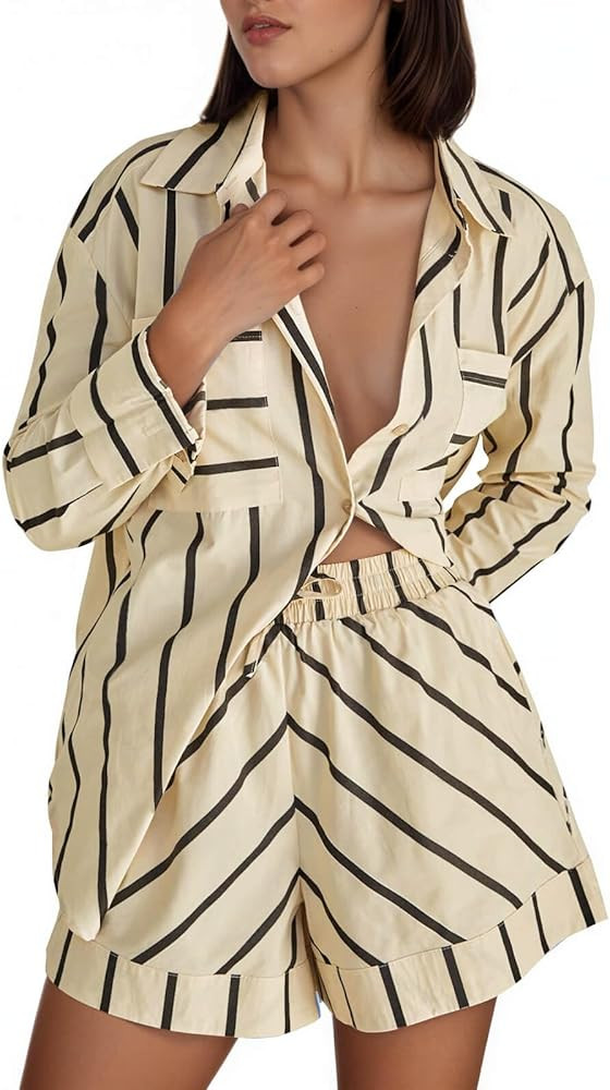 Tankaneo Womens Striped 2 Piece Outfits Button Down Shirts and Shorts Lounge Matching Sets | Amazon (US)