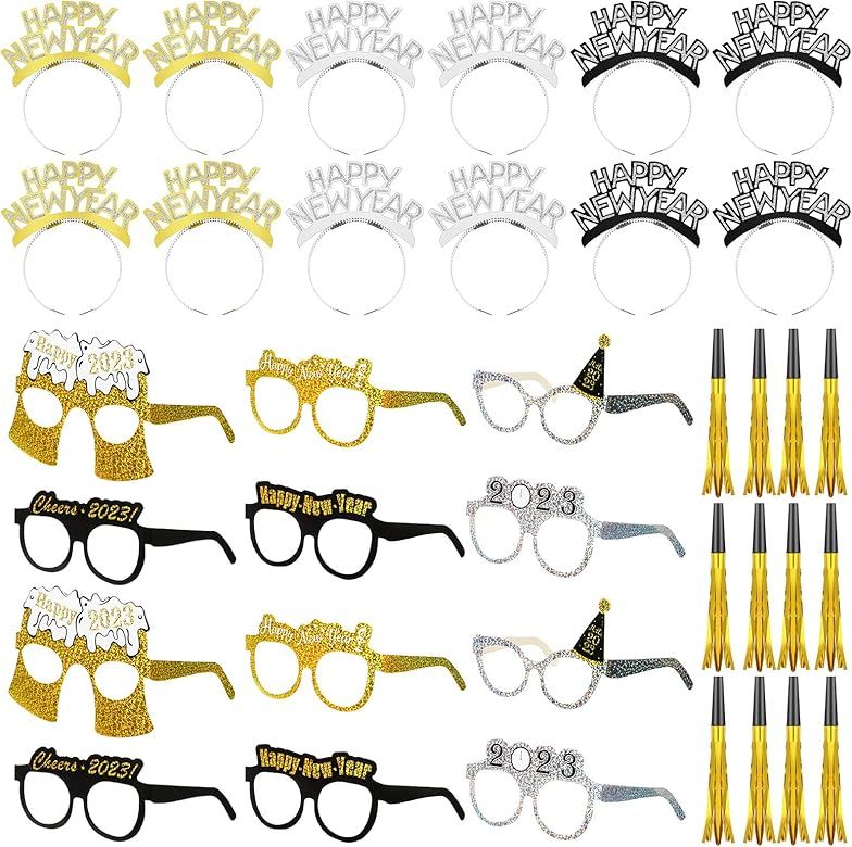 36 Pieces New Years Eve Party Supplies 2023 New Years 2023 Glasses 2023 Black Silver and Gold Par... | Amazon (US)