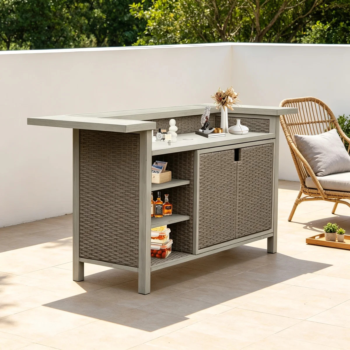 Patio Bar Table, Outdoor Aluminum PE Wicker Bar Cart With Cabinet, All Weather Use Storage Patio ... | Wayfair North America
