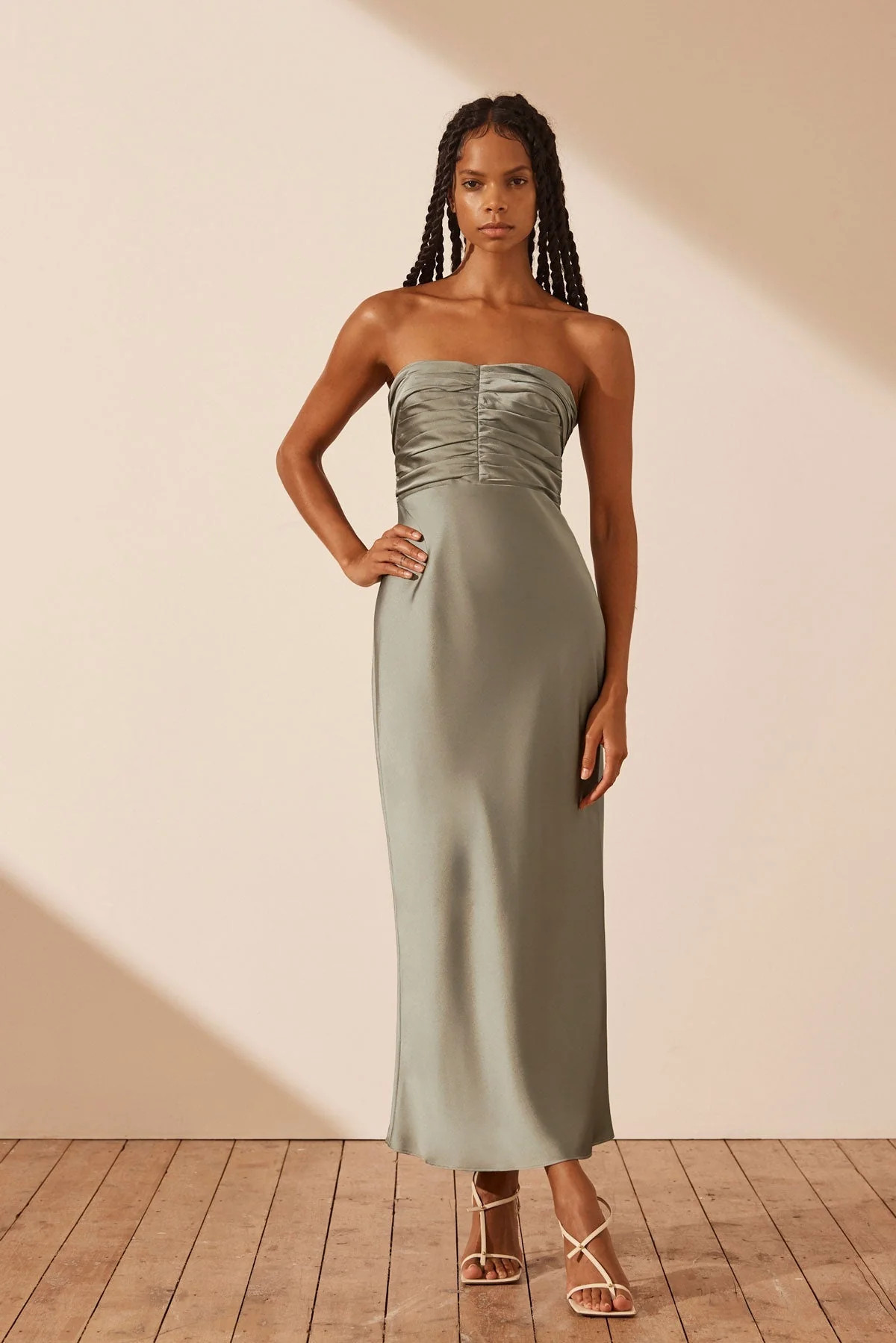 Luxe Strapless Ruched Bodice Midi Dress | Eucalyptus | Dresses | Shona Joy | Shona Joy