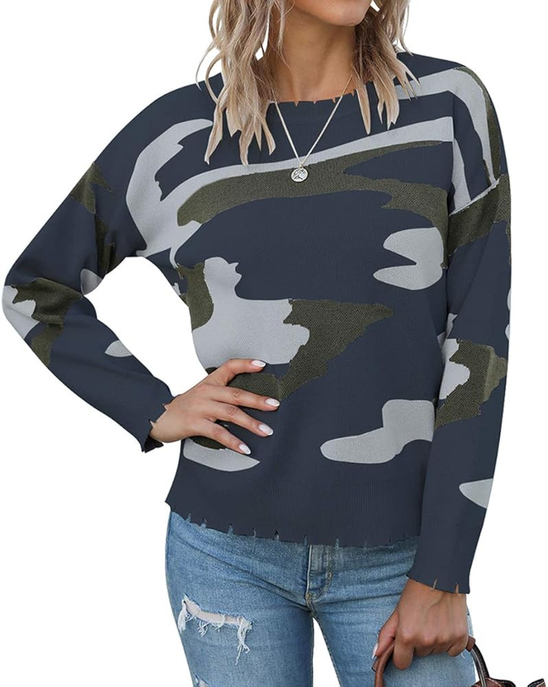 KIRUNDO 2020 Women’s Winter Camouflage Printed Knitted Sweater Crew Neck Long Sleeves Loose Lig... | Amazon (US)