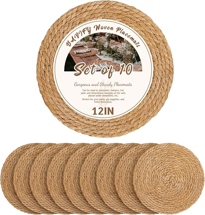12 in Round Woven Placemats Plate Chargers Set of 10, Rattan Wicker Table Mats for Dinner Plates,... | Amazon (US)