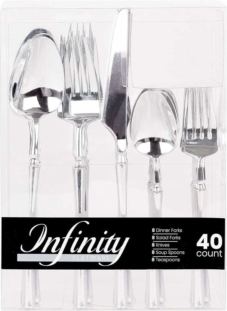 Infinity Modern Flatware Plastic Cutlery Combo Set 40 Count Luxury Silver Silverware Set, Service... | Amazon (US)