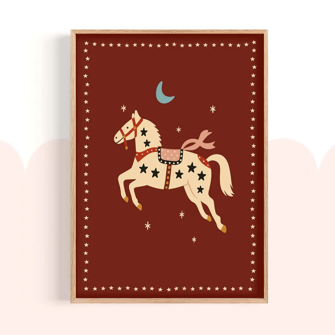 Magical Horse Print | Burgundy Red Folk Art | kids Room Decor | Whimsical Nursery Wall Art | Fan... | Etsy (US)