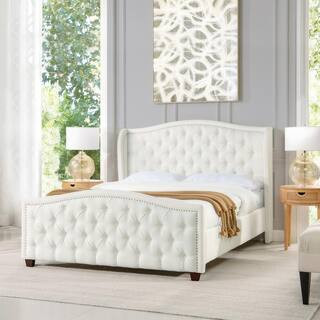Fontana White Upholstered Wood Frame Queen Platform Bed with Wingback Headboard | The Home Depot