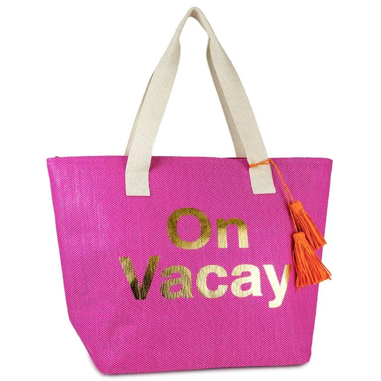 Women's Paper Straw Insulated on Vacay Beach Tote Bag with Metallic Letters and Flat Handel - Wal... | Walmart (US)