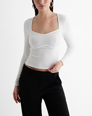 Ribbed Sweetheart Seamed Long Sleeve Tee | Express
