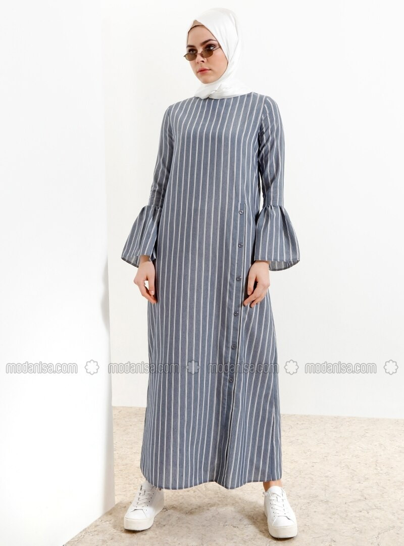 Bleu marine - A rayures - Col rond - Tissu non doublé - Robe - Refka | Modanisa FR