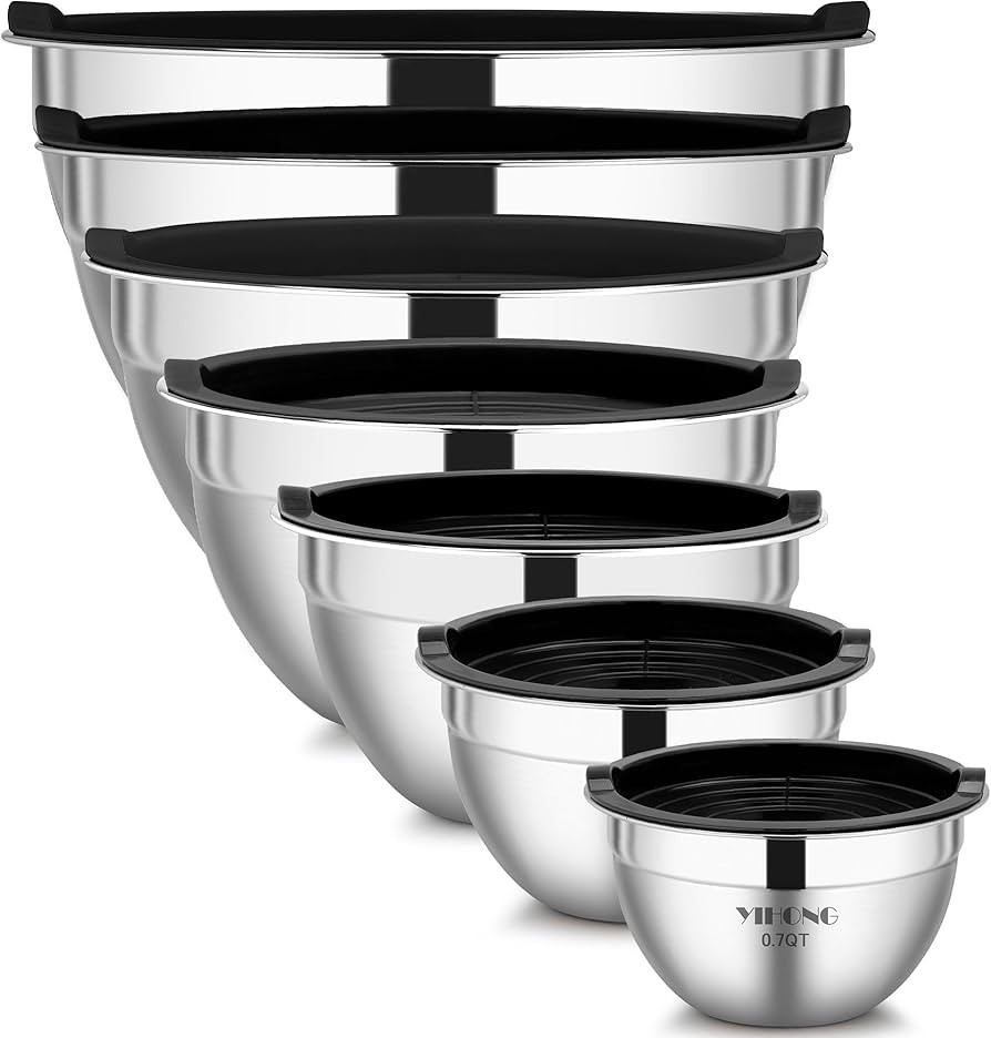 YIHONG 7 Piece Metal Mixing Bowls with Lids for Kitchen, Stainless Steel Set Ideal for Baking, Pr... | Amazon (US)