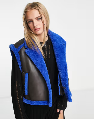 JJXX contrast faux shearling cropped vest in chocolate & blue | ASOS (Global)