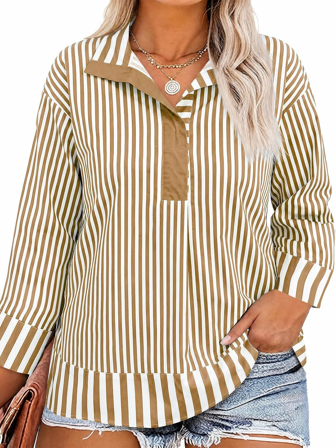 Beautife Womens Plus Size Striped Blouse Button Down Long Sleeve Polo Shirt | Amazon (US)