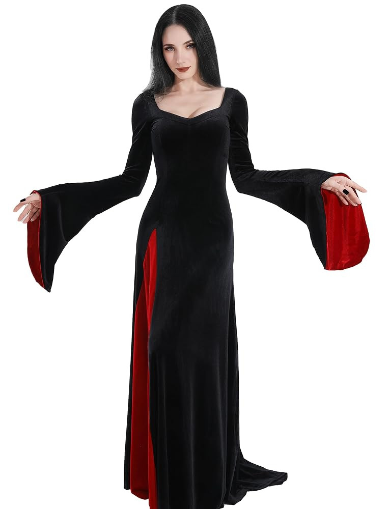 QRT Morticia Addams Costume, Women Velvet Maxi Dress,Vintage Gothic Witch Long Dress Halloween Fa... | Amazon (US)