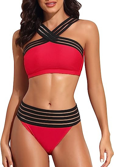 Hilor Women's Two Piece Bathing Suits Front Crossover Swimsuits Sexy Stripe Hollow High Waisted B... | Amazon (US)