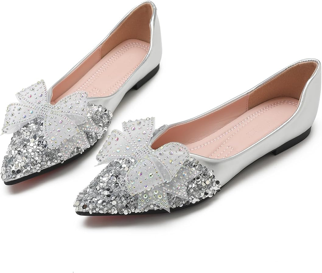 Flats Shoes Women Rhinestone Wedding Flats Comfort Pointed Toe Ballet Flat Shoe Low Heel Dress Sh... | Amazon (US)
