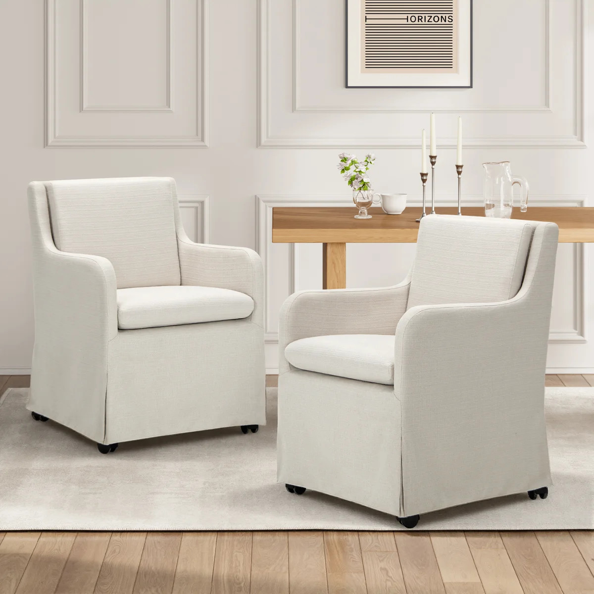 19" Wide Upholstered Dining Armchair with Casters, Removable Cushion, Soft Fabric Slipcovered Acc... | Wayfair North America