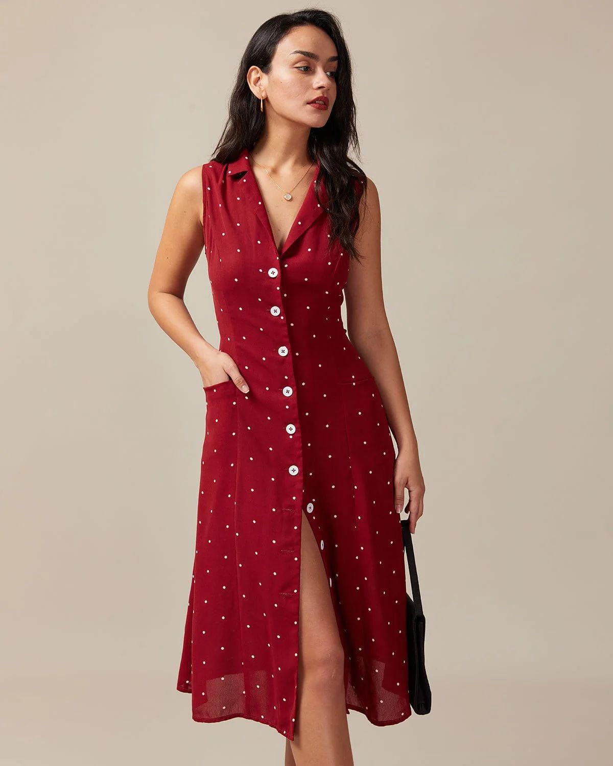 The Red V Neck Polka Dot Tie Back Midi Dress - Women's Red Polka Dot Button Up Print Midi Dress -... | rihoas.com