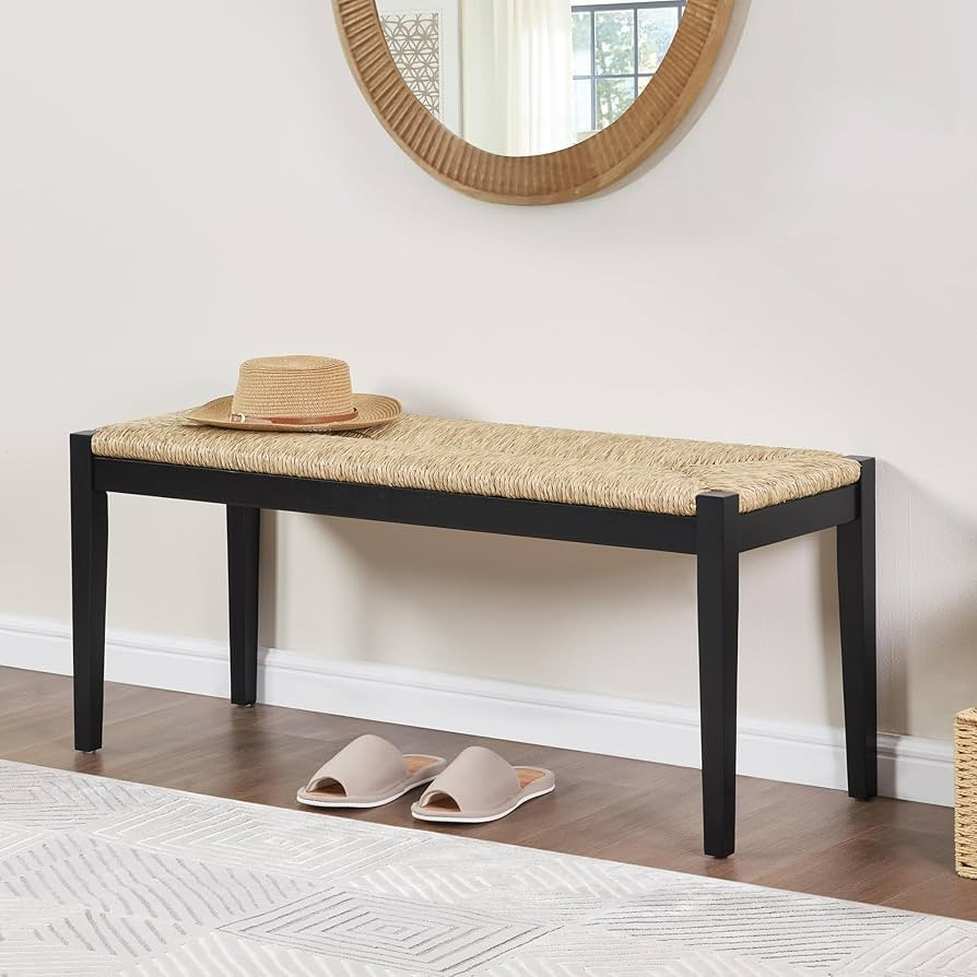 DUHOME Solid Wood Natural Seagrass Bench with Natural Woven Seat,Boho Bench Entryway,Black Legs W... | Amazon (US)