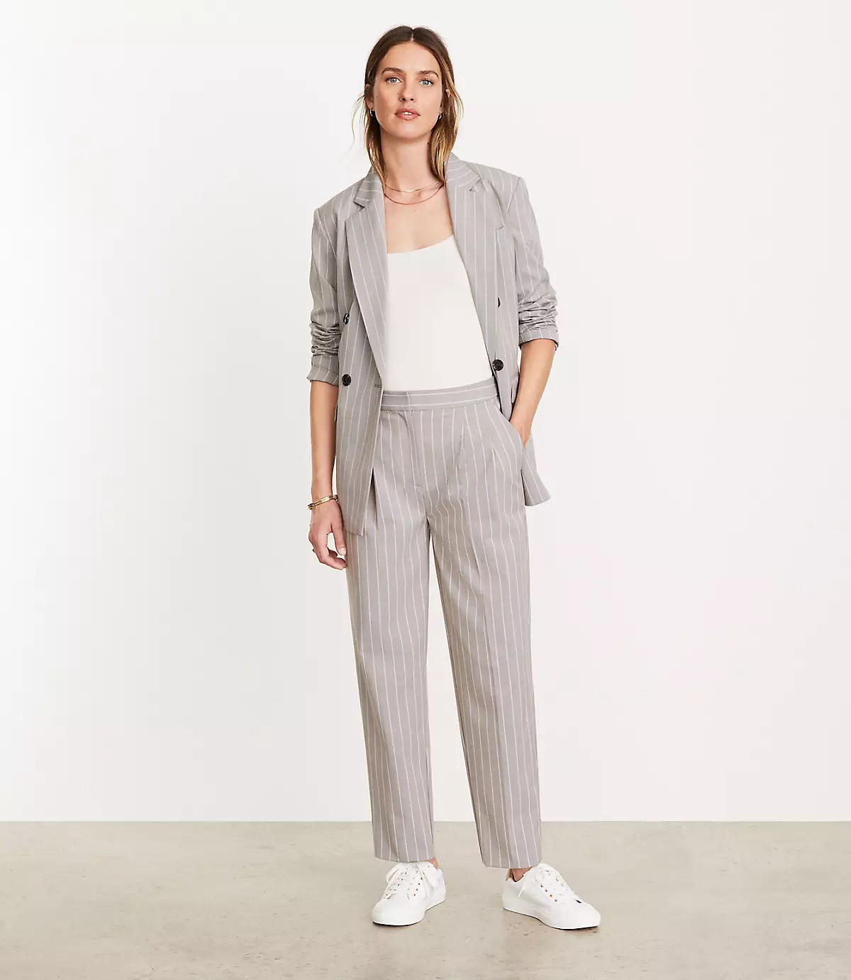 LOFT Versa Seasonless Stretch Double Pleat Taper Pant in Stripe | LOFT