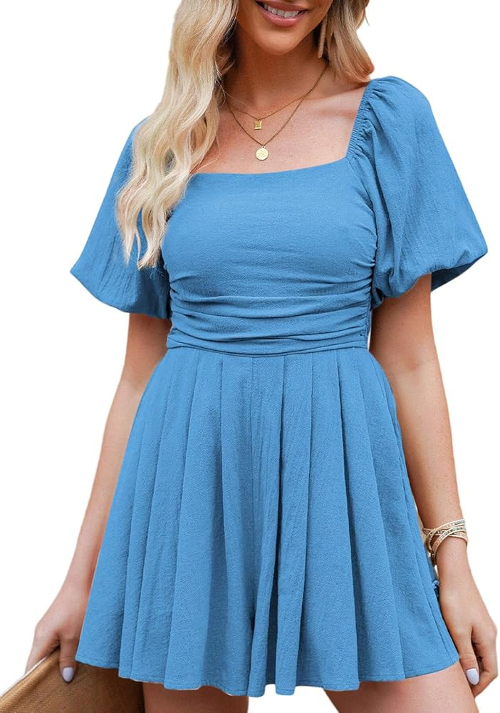 AlvaQ Womens Summer Cute Puff Sleeve Elastic Square Neck Mini Short Romper with Pockets | Amazon (US)