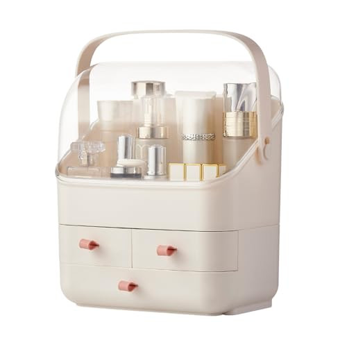 SUNFICON Preppy Skincare Organizers Makeup Organizer Holder Beauty Cosmetic Storage Box Display Case Dust Free Cover Portable Handle 2 Rroomy Drawers Gift Great For Bathroom Countertop Ivory White | Amazon (US)