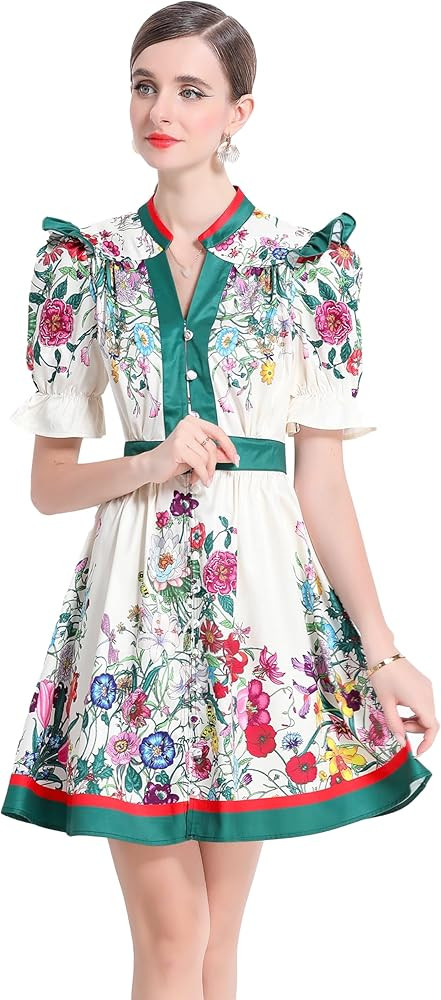 LAI MENG FIVE CATS Women's Button Up Short Puff Sleeve V-Neck Floral Print Split Casual Mini Dres... | Amazon (US)