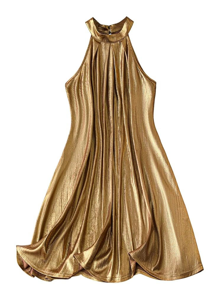 MakeMeChic Women's Metallic Sleeveless Halter Neck Dress Flowy Party Cocktail Short Dresses | Amazon (US)