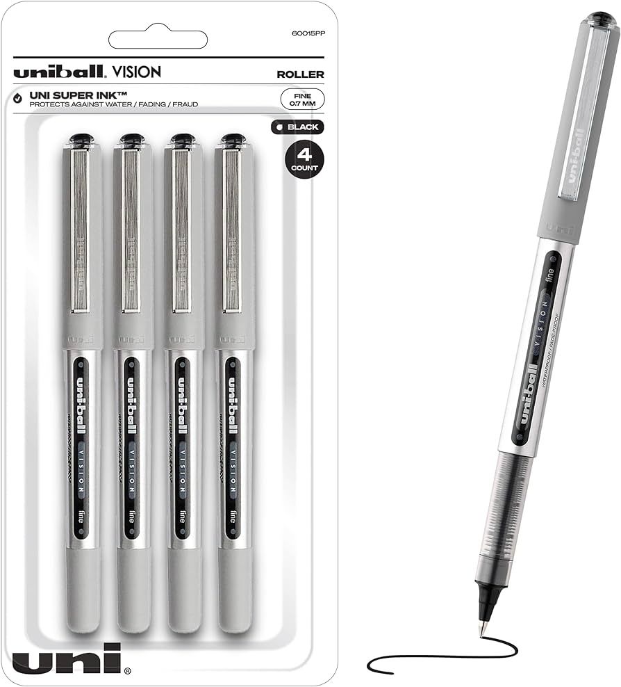 Uniball Vision Rollerball Black Pens Pack of 4, Fine Point Pens with 0.7mm Medium Black Ink, Jour... | Amazon (US)
