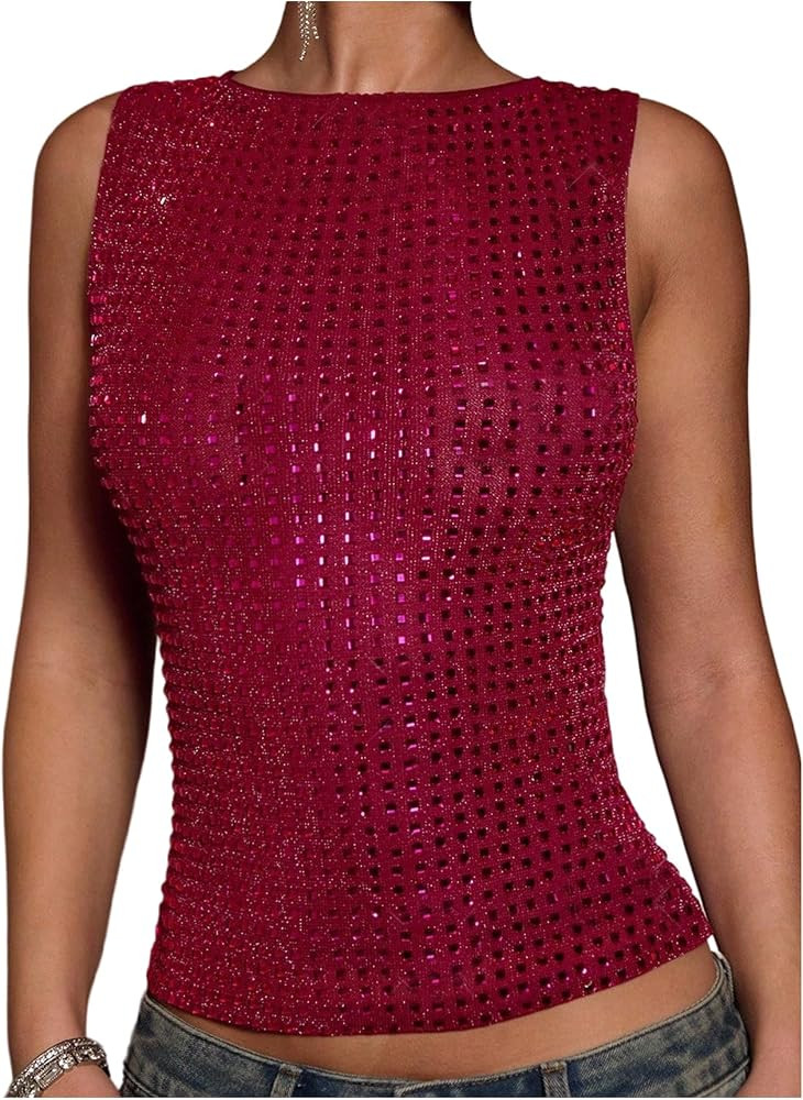 OYOANGLE Women's Sparkly Rhinestone Shirt Sleeveless Crew Neck Tanks Rave Top Concert Outfits | Amazon (US)