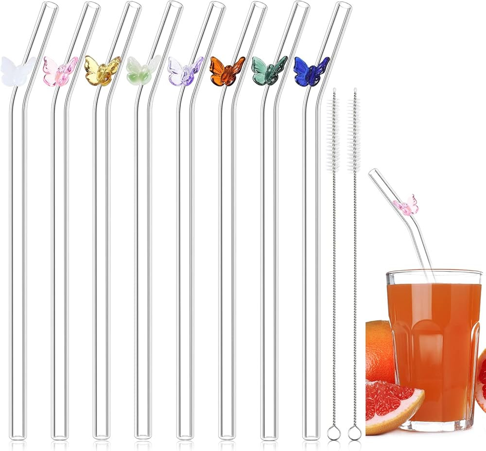 8 Pcs Reusable Butterfly Glass Straws 8 mm x 7.9 Glass Straws with Butterflies Colorful Butterfly... | Amazon (US)