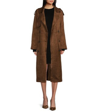 GB Button Front Tie Waist Faux Suede Trench Coat | Dillard's | Dillard's