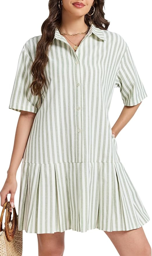 Ladyful Womens Short Sleeve Striped Shirt Dress Button Down Pleated Mini Dress Casual Summer Shor... | Amazon (US)