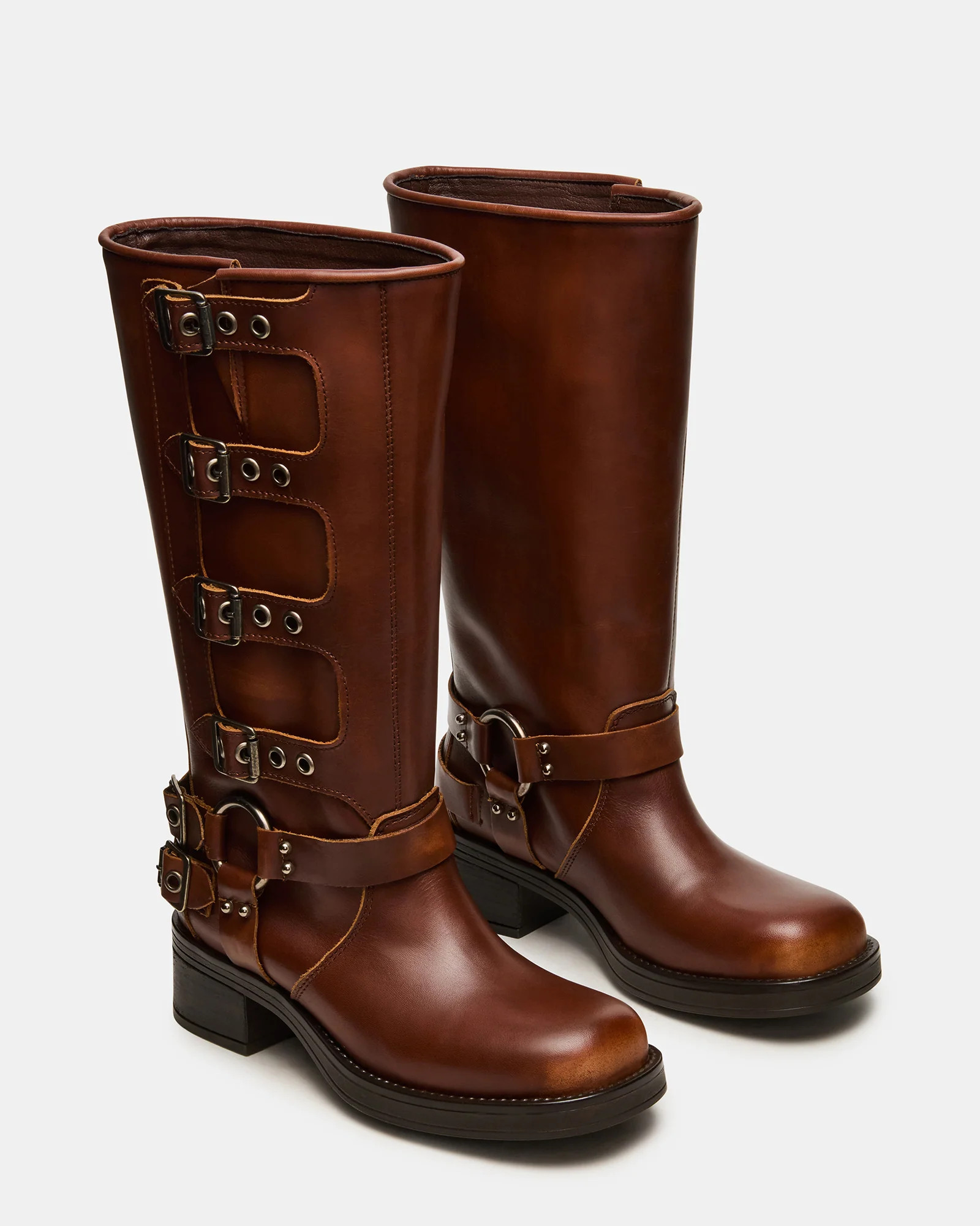 ROCKY Cognac Distressed Wide Calf Knee-High Moto Women's Boot | Steve Madden (US)