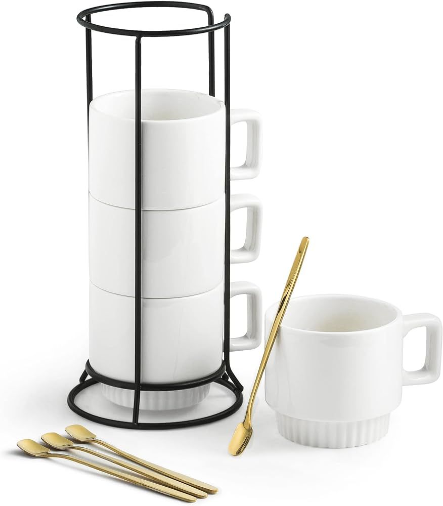 Miamolo Stackable Coffee Mug Set with Stand 11 oz Tea Cup Set with Tea Spoon White Funny Square H... | Amazon (US)