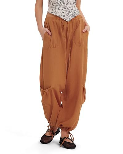 MOOSLOVER Women Linen Boho Balloon Pants Drawstring Summer Cargo Pants Beach Travel Lounge Pants with Pocket (M, Orange) | Amazon (US)