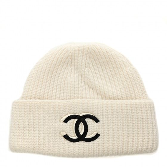 CHANEL Wool Cashmere CC Beanie Hat White Black | FASHIONPHILE (US)