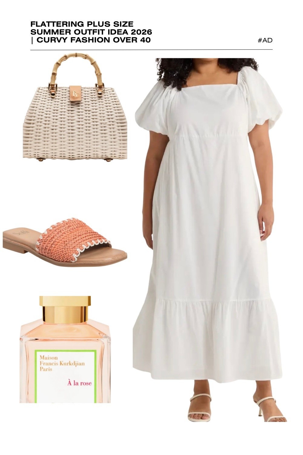 Looking for a timeless white plus size summer outfit idea for 2026? This flattering puff sleeve maxi dress is an essential for curvy fashion over 40. Featuring a classic square neckline, an empire waist, and a tiered hem, this dress offers a breezy, elegant silhouette that’s perfect for summer vacation style or a garden party.
We’ve styled this crisp white maxi with a white wicker bamboo handle bag and vibrant coral woven slide sandals for a pop of summer color. The look is completed with the luxury floral scent of Maison Francis Kurkdjian À la rose. Whether you're heading to a beach brunch or looking for plus size bridal shower outfits, this look is a summer must-have. #PlusSizeFashion #WhiteMaxiDress #SummerOutfits2026 #CoastalGrandmother #CurvyStyle #MFKFragrance #CottagecoreStyle