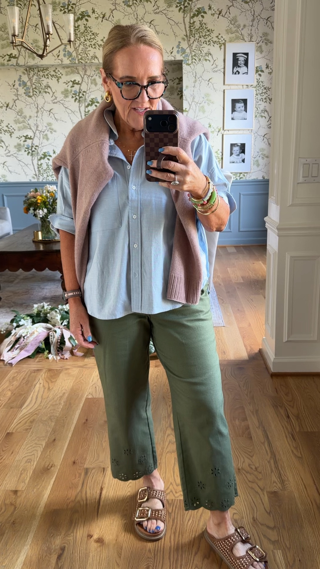 Blouse size small
Sweater size medium 
Green jeans size 8 petite or medium petite 
My bracelet stack launches on Thursday the 2nd!!!! 

#LTKSaleAlert #LTKPetite #LTKOver40