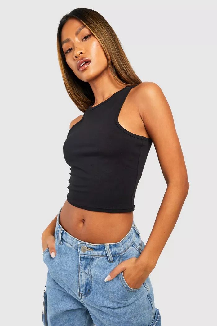 Black Racer Neck Cotton Crop Vest | Boohoo.com (UK & IE)