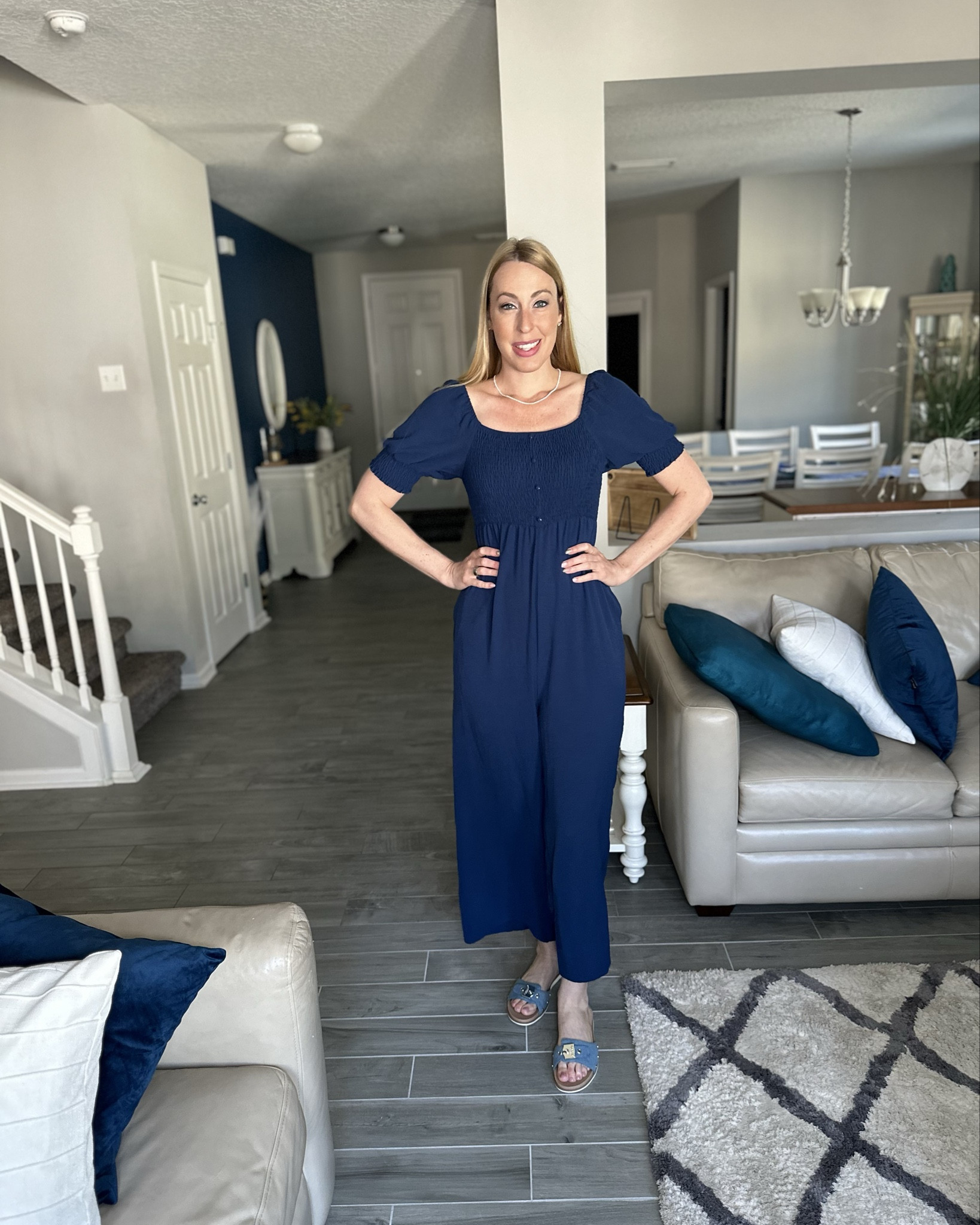 Navy blue jumpsuit 
💓i love the stretch and loose fit of this suit
💓 i did size up one for a longer length
💓 wearing size medium, fits true to size and I am 5’10”

#LTKStyleTip #LTKFindsUnder50 #LTKWatchNow