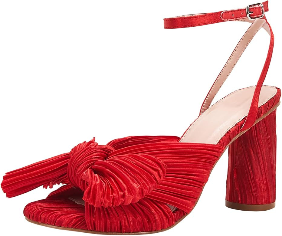 Women's Bow Knot Heeled Sandals Bridal Wedding Open Toe Ankle Strap Chunky Heels | Amazon (US)