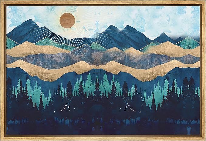 SIGNFORD Framed Canvas Print Wall Art Woodland Nursery Decor Blue Mountains & Forest Under Shinin... | Amazon (US)