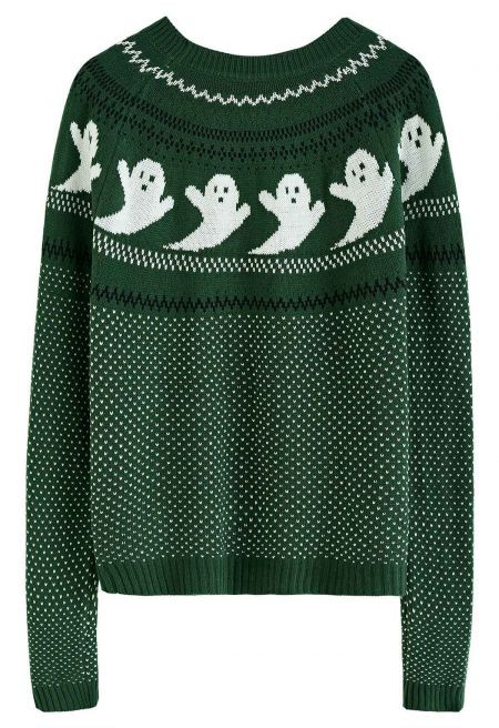 Cute Ghost Long Sleeves Knit Sweater in Army Green Halloween Costumes | Chicwish