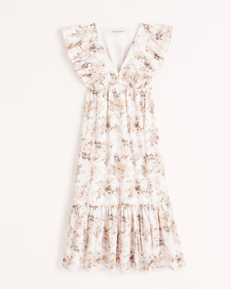 Abercrombie & Fitch Women's Flutter Sleeve Tiered Midi Dress in White Pattern - Size XXS TALL | Abercrombie & Fitch (US)