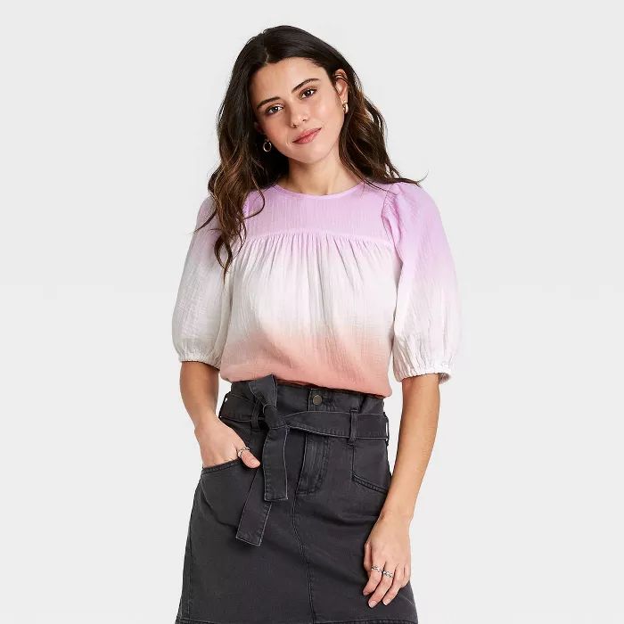 Women's Dip-Dye Puff Short Sleeve Gauze Blouse - Universal Thread™ | Target