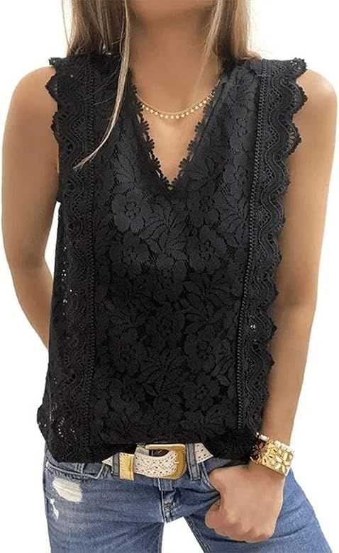 Womens V Neck Tank Tops Lace Crochet Sleeveless Tunic Shirt Summer Cami Blouses | Amazon (US)