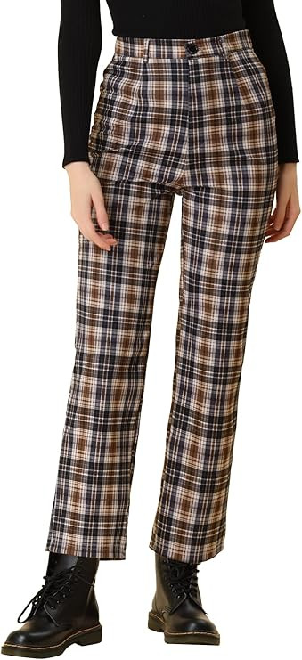 Allegra K Women's Plaid Pants High Waisted Vintage Tartan Checkered Cropped Casual Work Pants | Amazon (US)
